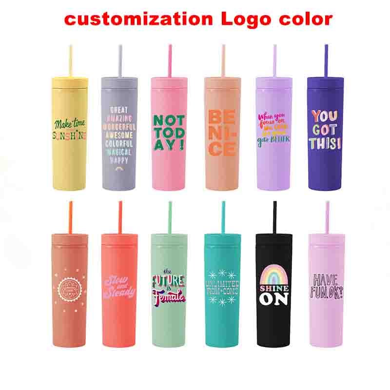 16oz Double Wall Matte Acrylic Skinny Tumbler Insulated Colorful Slim Plastic Cups Water Bottle With Lid And Straw