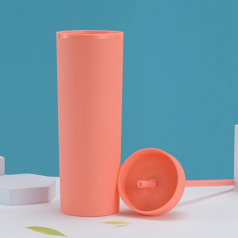 16oz Double Wall Matte Acrylic Skinny Tumbler Insulated Colorful Slim Plastic Cups Water Bottle With Lid And Straw