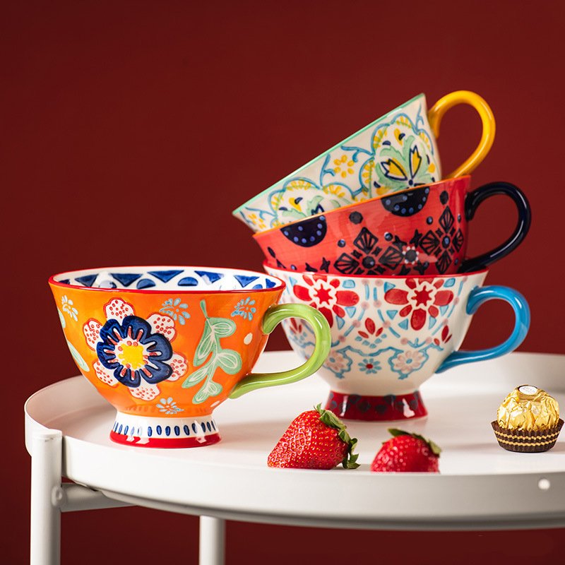 Creative Design Hand Painted Large Porcelain Milk Tea Mug Set Custom Handmade Ceramic Coffee Mug