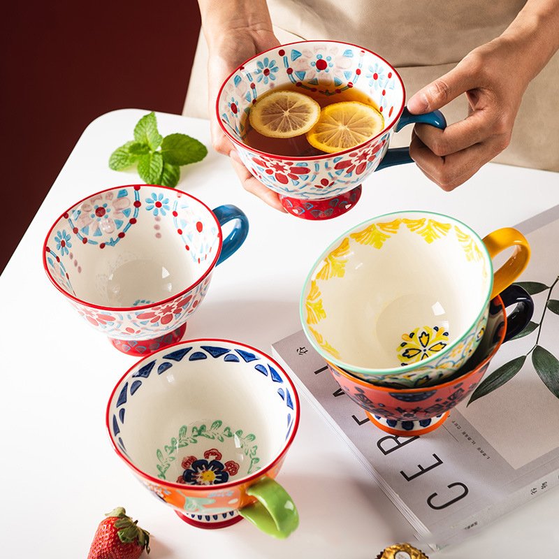 Creative Design Hand Painted Large Porcelain Milk Tea Mug Set Custom Handmade Ceramic Coffee Mug