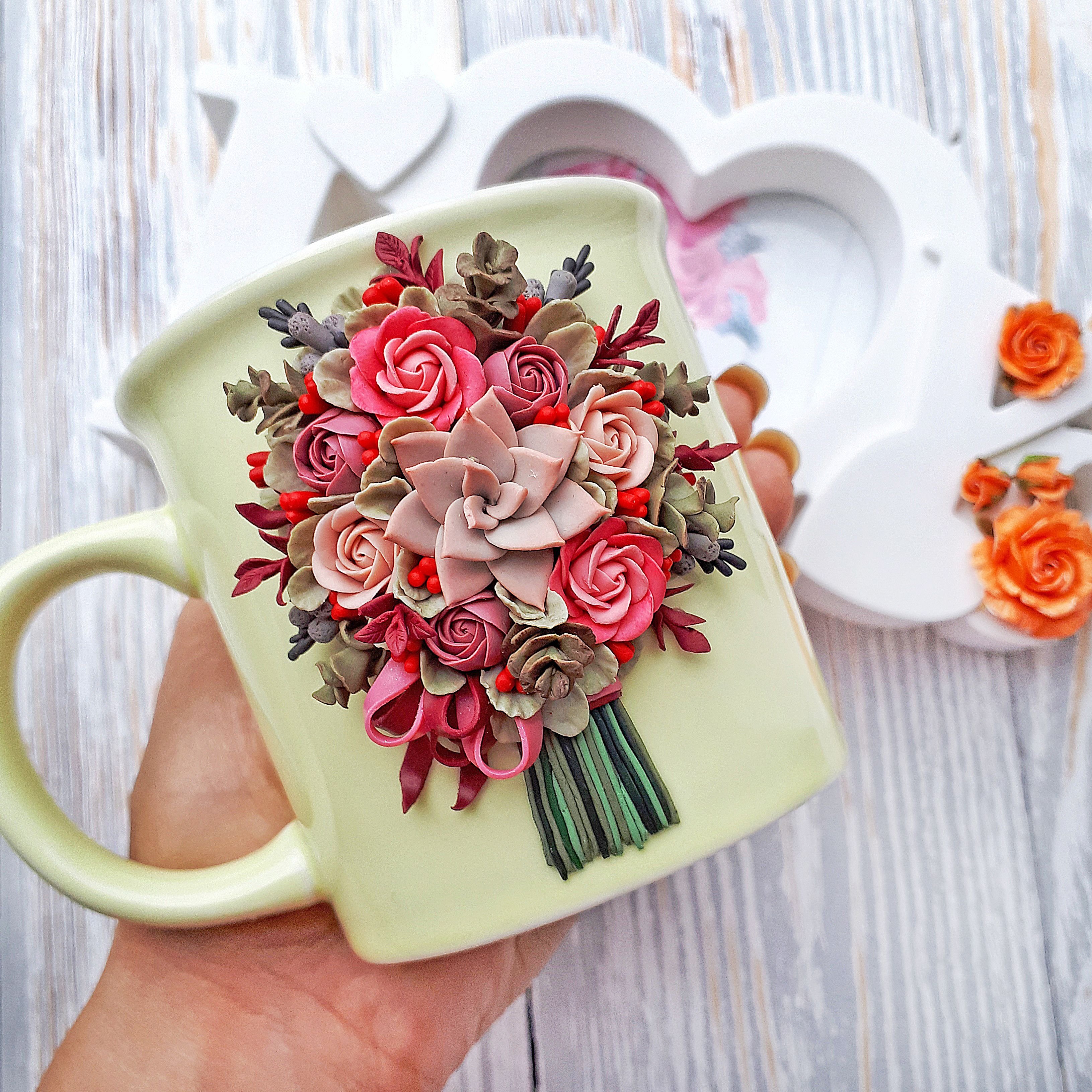 custom Nordic coffee mugs flower polymer clay cup Valentine's Day gift mug