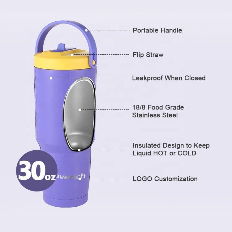 EVERICH 30oz portable double wall stainless steel beer tumbler mug insulated vacuum water cupwith lid handle and straw