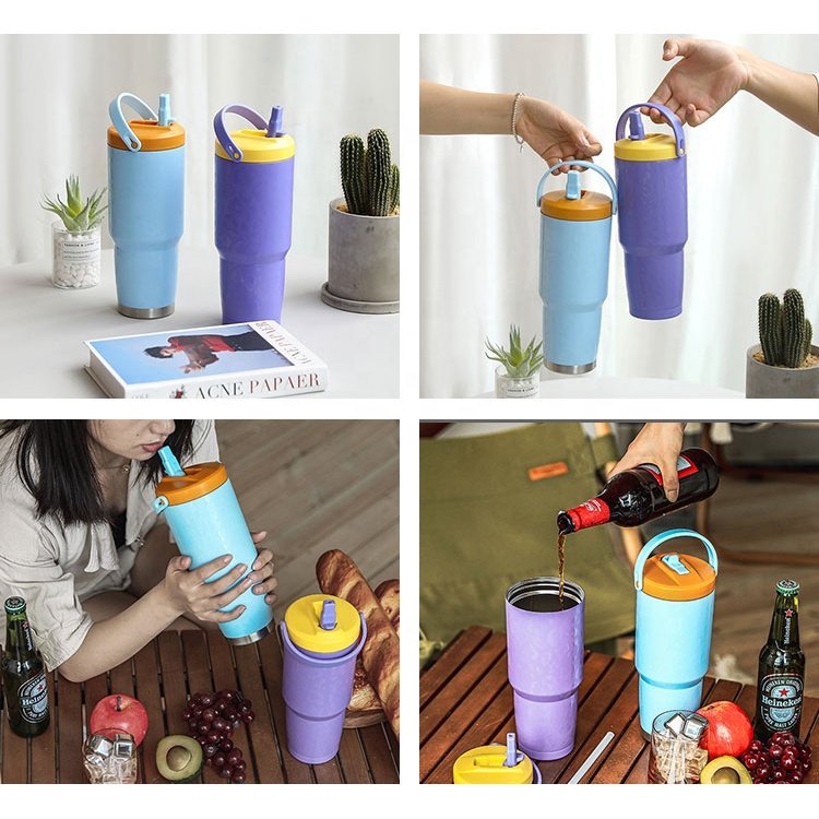 EVERICH 30oz portable double wall stainless steel beer tumbler mug insulated vacuum water cupwith lid handle and straw