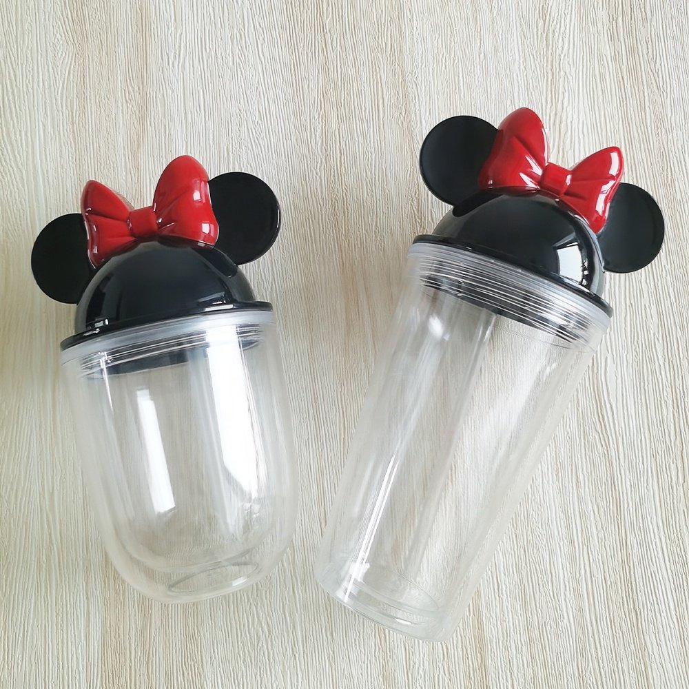 Wholesale 12oz/22oz Double Walled Mickey Minnie Ear Tumbler Lid Clear Acrylic Drinking Cup Kids Sippy Plastic Water Bottle