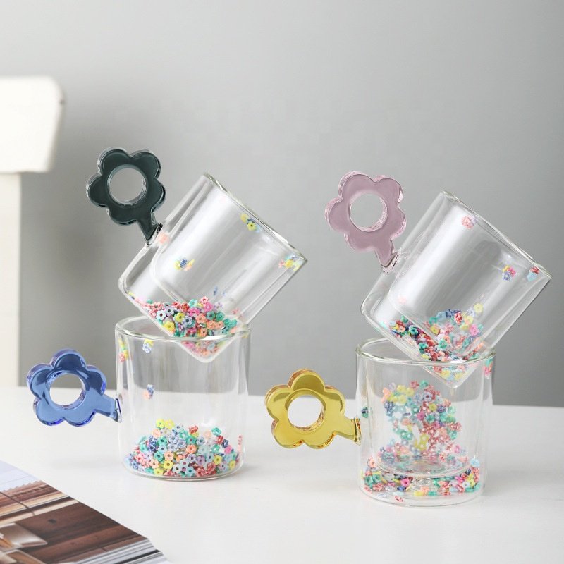Lelyi ins flower double-layer glass cup love quicksand cup light luxury gift glass coffee mug