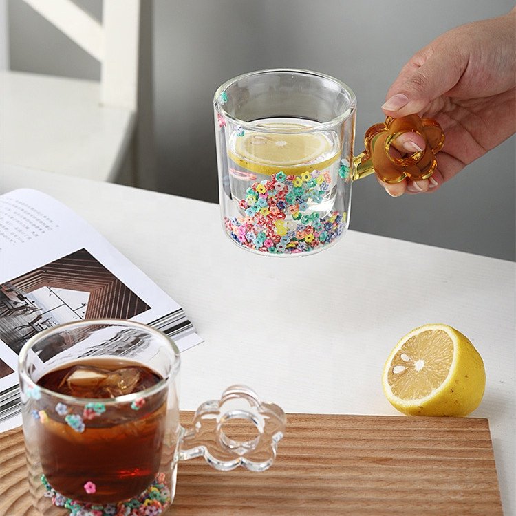 Lelyi ins flower double-layer glass cup love quicksand cup light luxury gift glass coffee mug