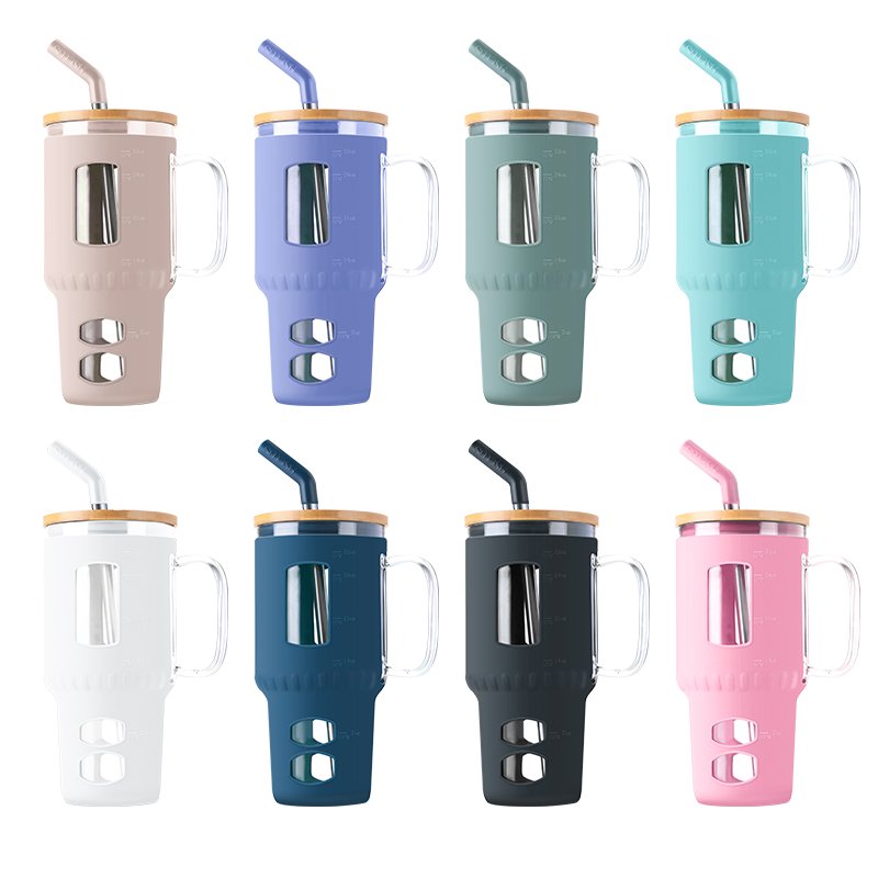 JM Selling Travel Drink Ware Borosilicate Glass Cup Drinking Beer Mugs Glasses With Bamboo Lids with Straw