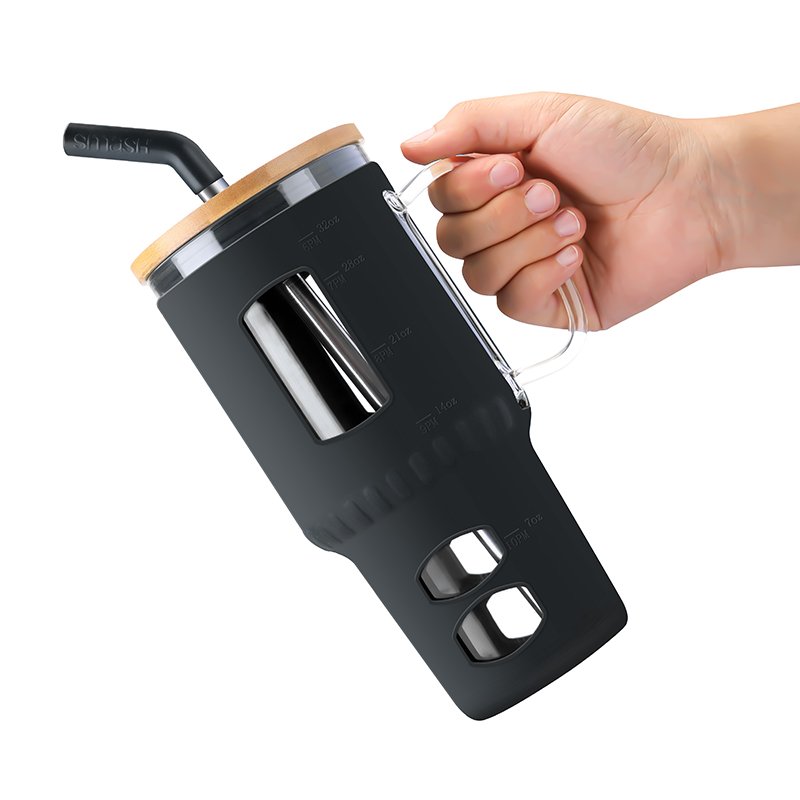 JM Selling Travel Drink Ware Borosilicate Glass Cup Drinking Beer Mugs Glasses With Bamboo Lids with Straw