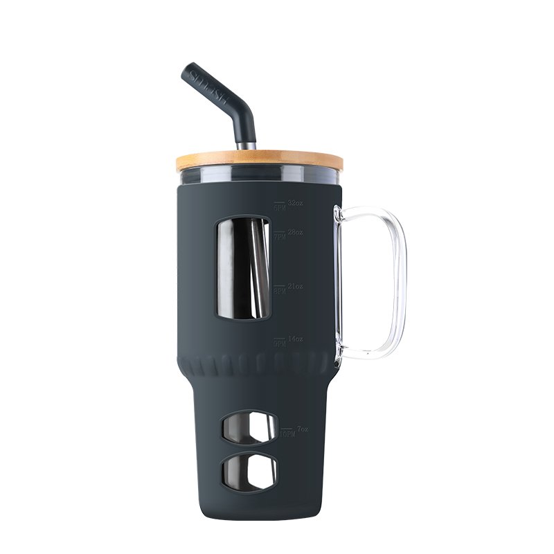 JM Selling Travel Drink Ware Borosilicate Glass Cup Drinking Beer Mugs Glasses With Bamboo Lids with Straw