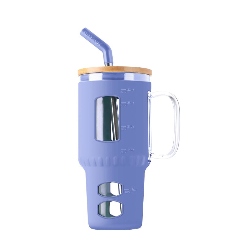 JM Selling Travel Drink Ware Borosilicate Glass Cup Drinking Beer Mugs Glasses With Bamboo Lids with Straw