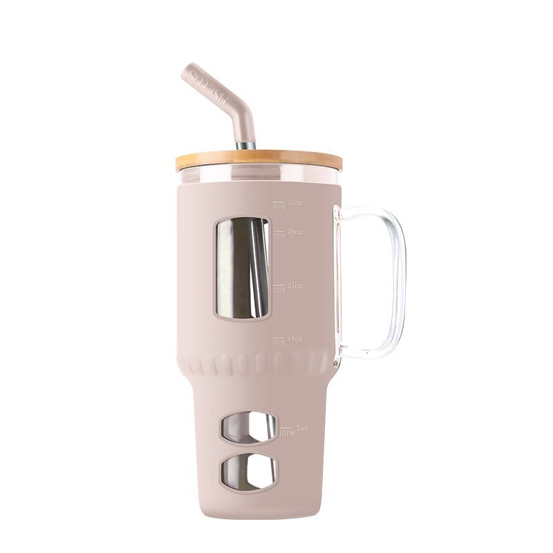 JM Selling Travel Drink Ware Borosilicate Glass Cup Drinking Beer Mugs Glasses With Bamboo Lids with Straw