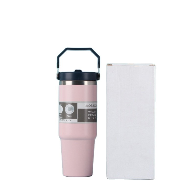 Custom Logo 30 oz Travel Coffee Mug Stainless Steel Water Bottles 30oz Thermos Cup Flip Straw Tumbler with Handle for Gym Sports