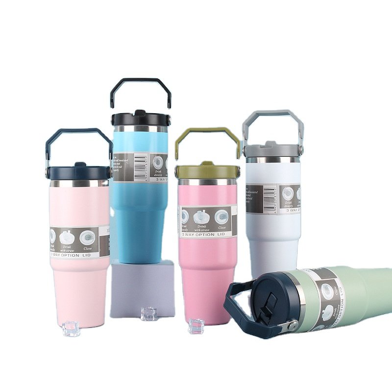 Custom Logo 30 oz Travel Coffee Mug Stainless Steel Water Bottles 30oz Thermos Cup Flip Straw Tumbler with Handle for Gym Sports