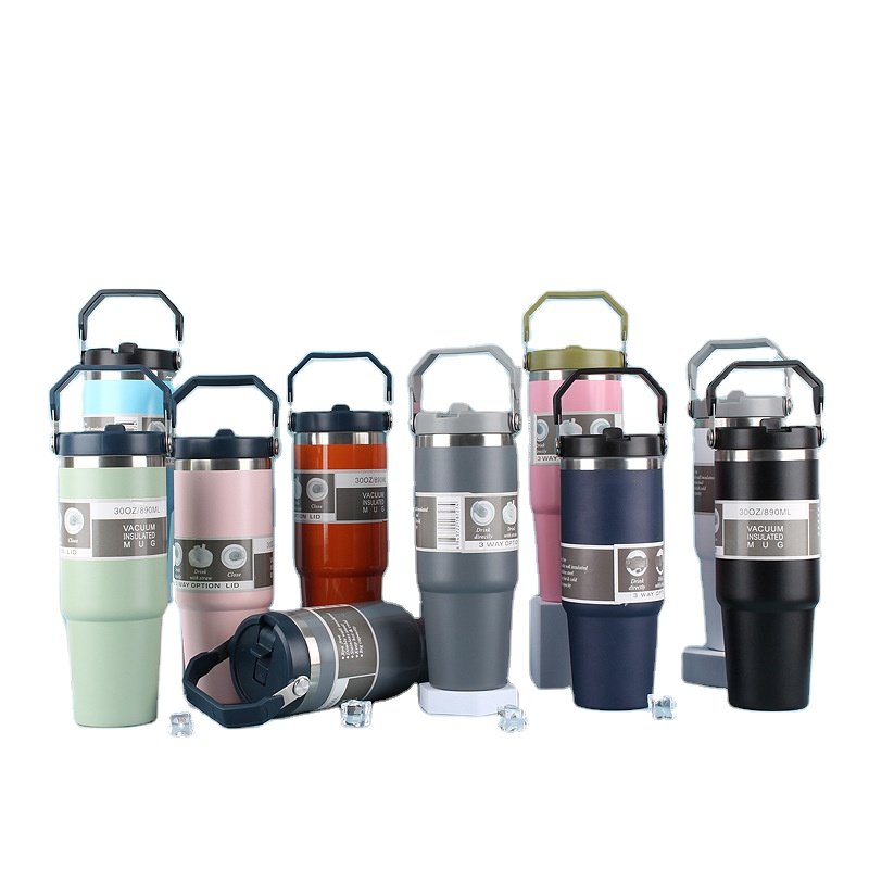 Custom Logo 30 oz Travel Coffee Mug Stainless Steel Water Bottles 30oz Thermos Cup Flip Straw Tumbler with Handle for Gym Sports