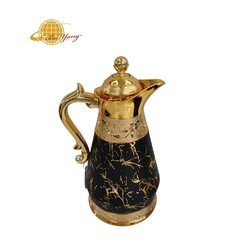 BOYANG Arabian gold marble rim decor glass inner 1L kettles coffee pot gift set luxury arabic thermos vacuum flask