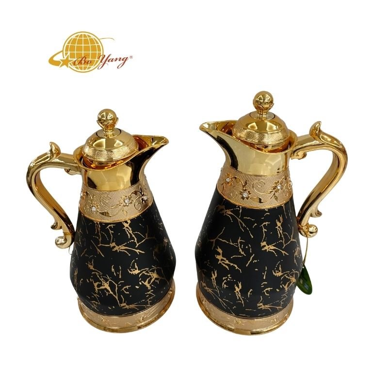 BOYANG Arabian gold marble rim decor glass inner 1L kettles coffee pot gift set luxury arabic thermos vacuum flask