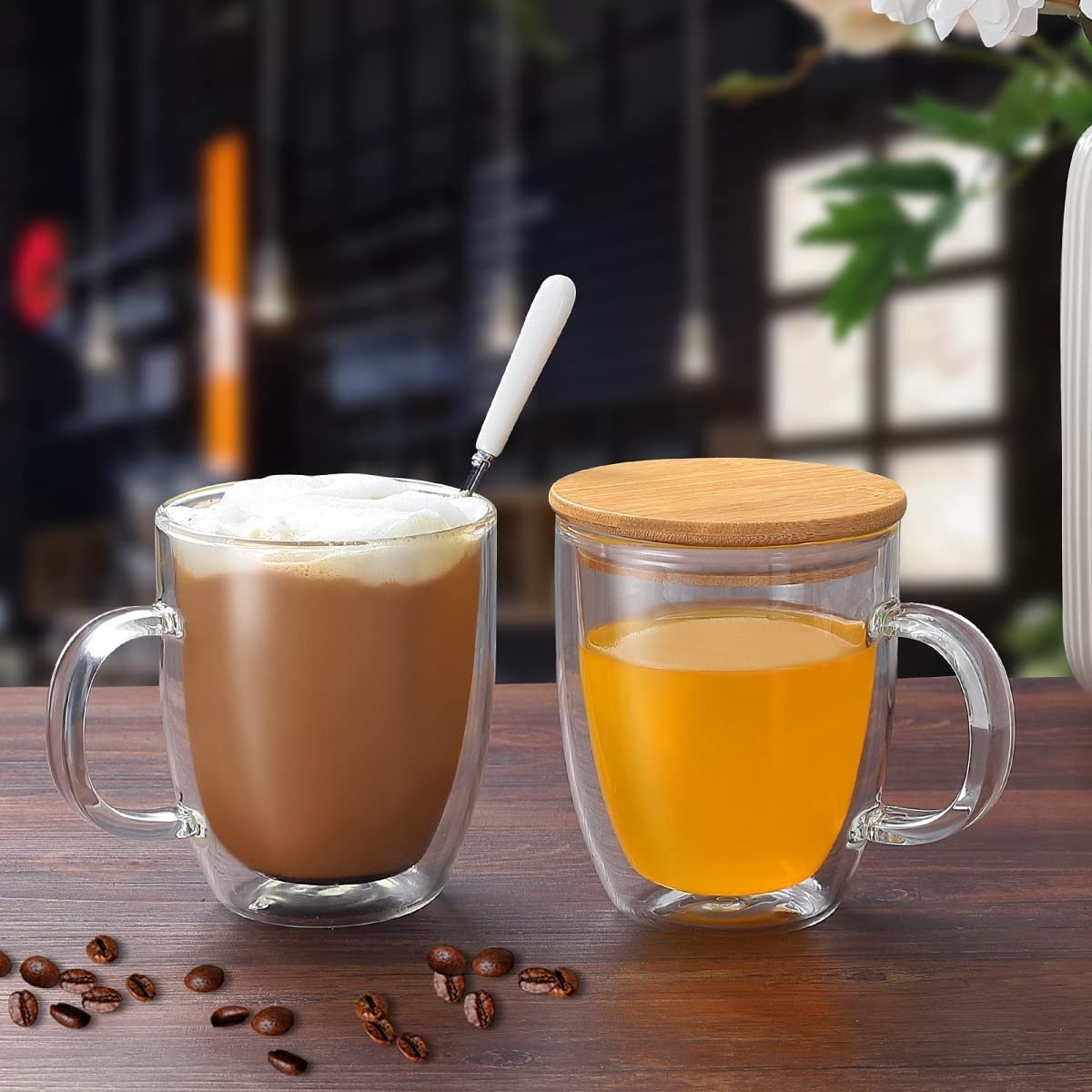 12 oz 350ml Insulated Double Wall Glass Coffee Mugs with Handle Clear Tea Cup Set with Lids for Drinks and Tea