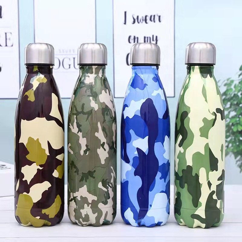 Double Walled Vacuum Flask Insulated Stainless Steel Cola Shape Portable Pattern Print Water Bottle No Sweat Hot/Cold 24 Hours
