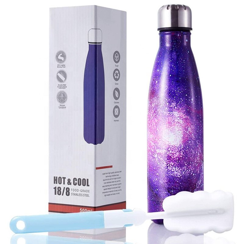 Double Walled Vacuum Flask Insulated Stainless Steel Cola Shape Portable Pattern Print Water Bottle No Sweat Hot/Cold 24 Hours