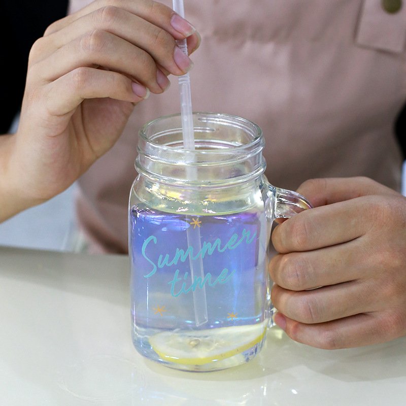 DD1813 Dazzling Fruit Juice Milk Tea Smoothie Bubble Boba Tumbler With Handle Gift Colorful Mason Jar Milk Clear Glass Mug