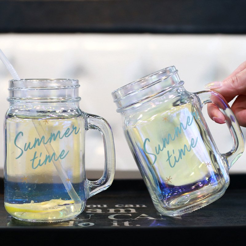 DD1813 Dazzling Fruit Juice Milk Tea Smoothie Bubble Boba Tumbler With Handle Gift Colorful Mason Jar Milk Clear Glass Mug