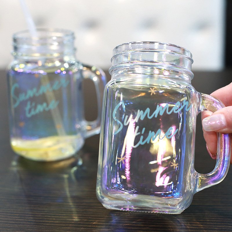 DD1813 Dazzling Fruit Juice Milk Tea Smoothie Bubble Boba Tumbler With Handle Gift Colorful Mason Jar Milk Clear Glass Mug