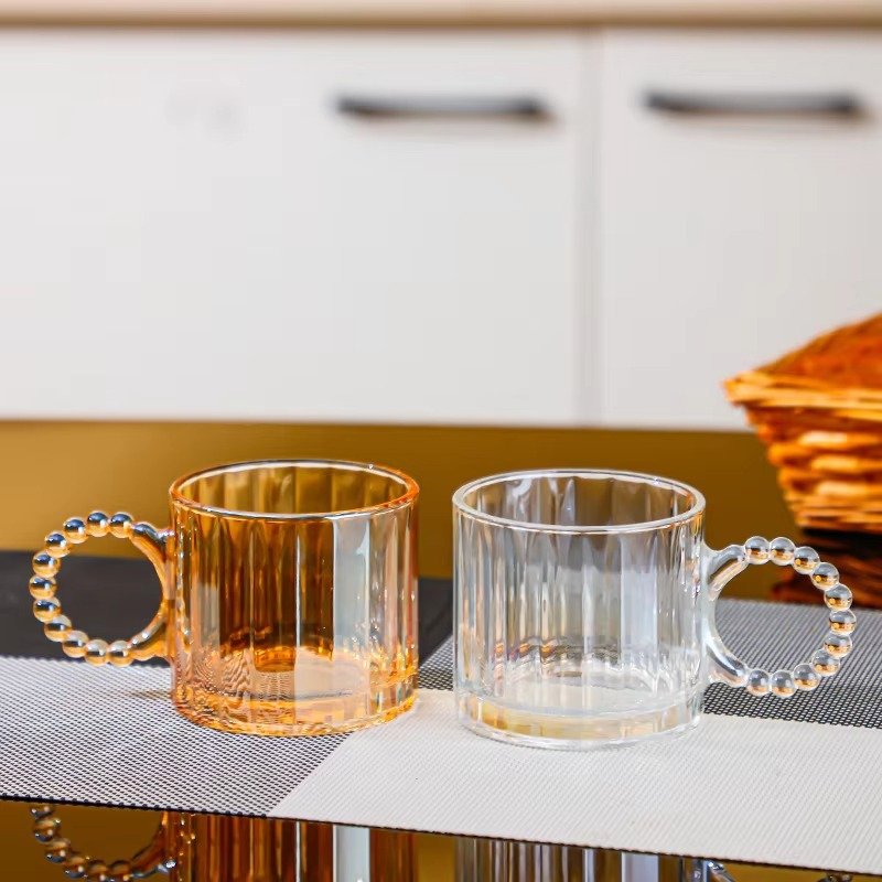 Wholesale 300ml Retro Glass Mugs with Pearl Handle Classic Design Breakfast Milk Cup and Coffee for Party Use