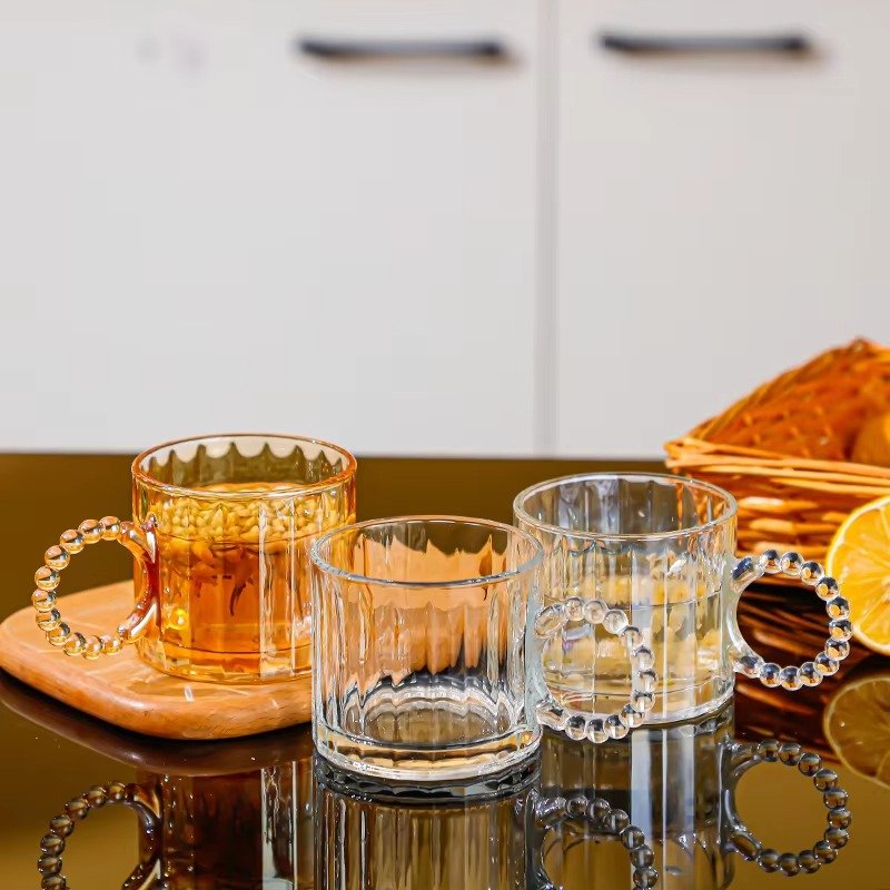 Wholesale 300ml Retro Glass Mugs with Pearl Handle Classic Design Breakfast Milk Cup and Coffee for Party Use