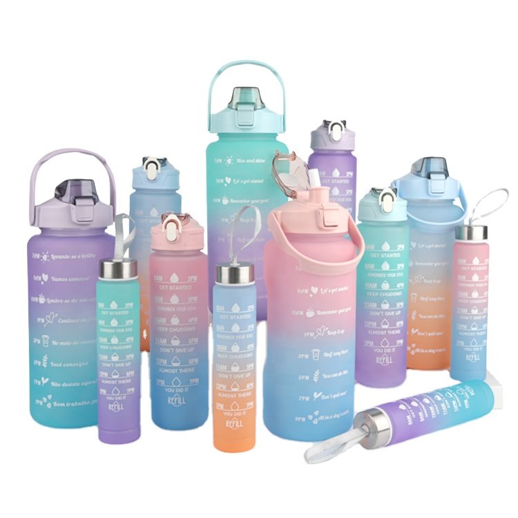 Gloway 3Pcs/Set 300ml 750ml 2000ml Outdoor Sport Or Gym BPA-Free Plastic Fitness Motivation Water Bottle With Time Maker