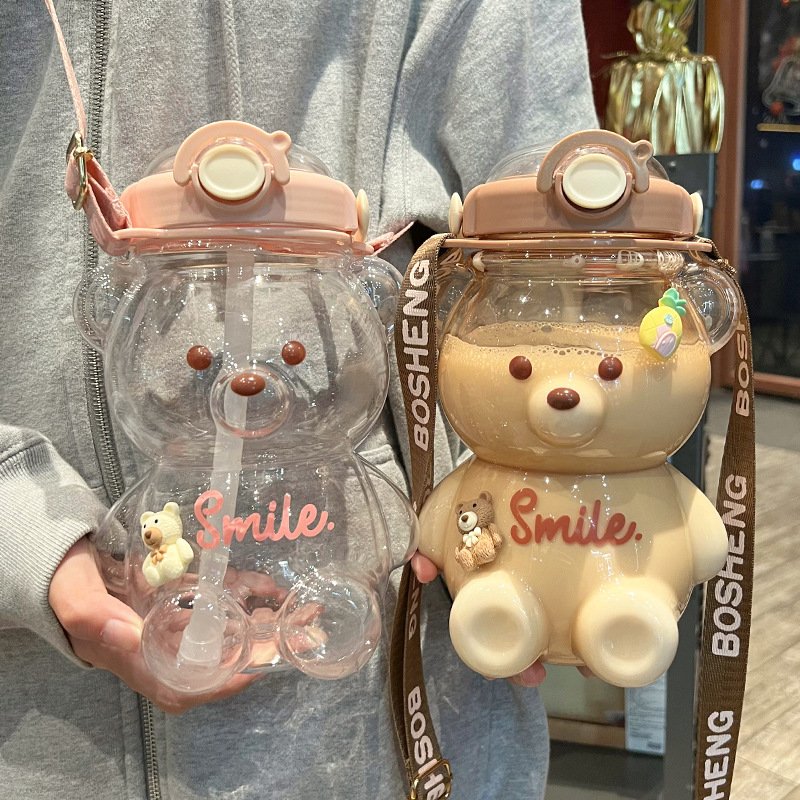 Strap 1liter Big Capacity Straw Bear Shape Water Bottle Cute And Cartoon Straw Kid Water Bottle