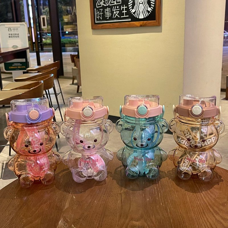 Strap 1liter Big Capacity Straw Bear Shape Water Bottle Cute And Cartoon Straw Kid Water Bottle