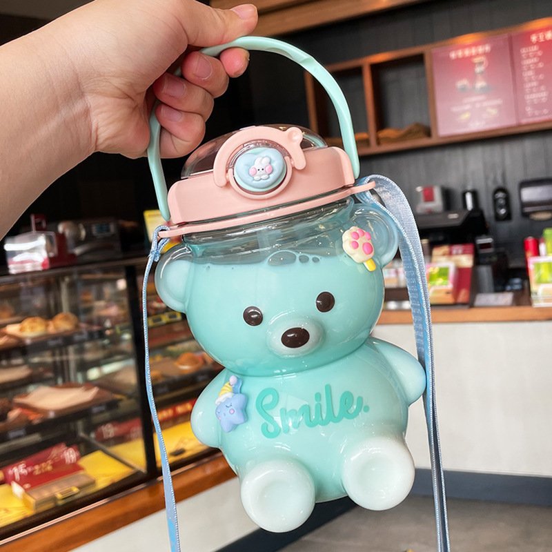 Strap 1liter Big Capacity Straw Bear Shape Water Bottle Cute And Cartoon Straw Kid Water Bottle