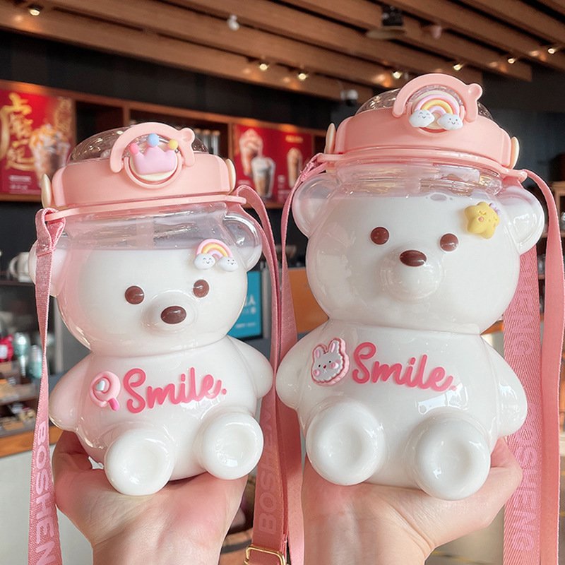Strap 1liter Big Capacity Straw Bear Shape Water Bottle Cute And Cartoon Straw Kid Water Bottle