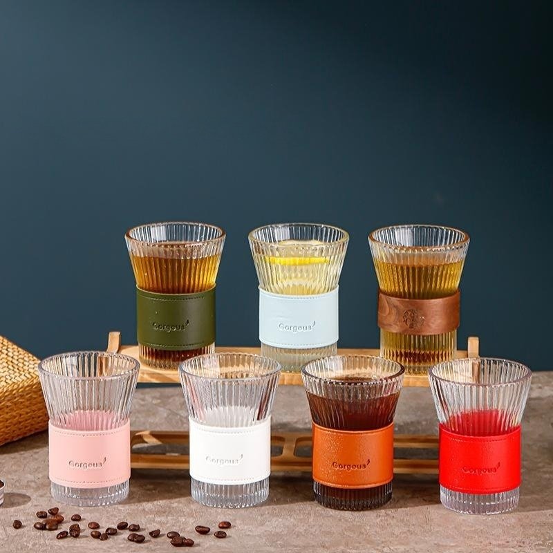 New arrival creative vertical stripe glass coffee cup with lid and handle heat resistant juice milk mug