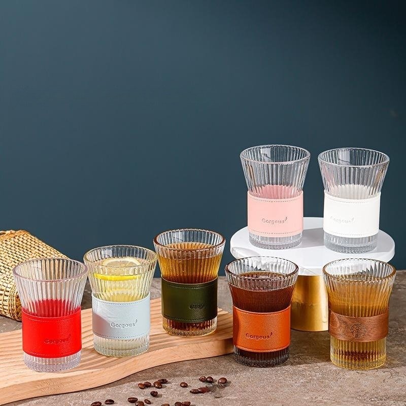 New arrival creative vertical stripe glass coffee cup with lid and handle heat resistant juice milk mug