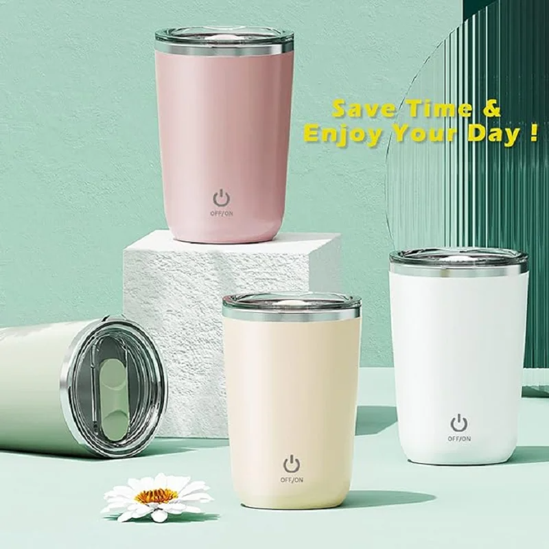 Usb Rechargeable Portable Automatic Magnetic Stirring Mixing 350Ml Stainless Steel Coffee Mug With Stir Bar For Tea Milk Coffee