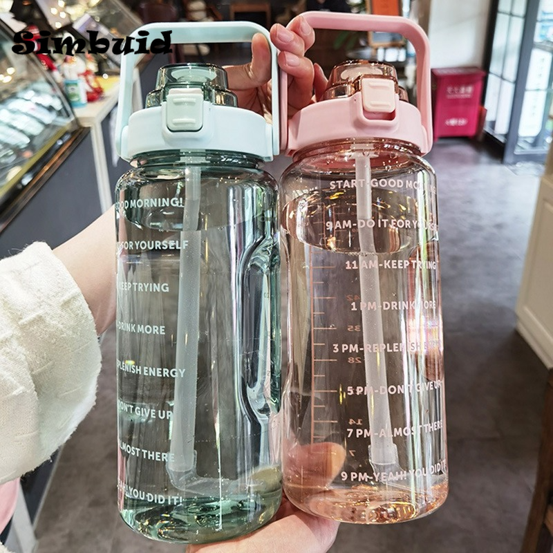 2 Liter Water Bottle with Straw Female Girls Large Portable Travel Bottles Sports Fitness Cup Summer Cold Time Scale