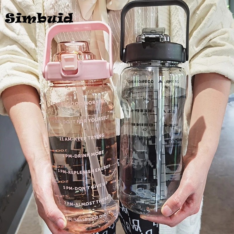 2 Liter Water Bottle with Straw Female Girls Large Portable Travel Bottles Sports Fitness Cup Summer Cold Time Scale