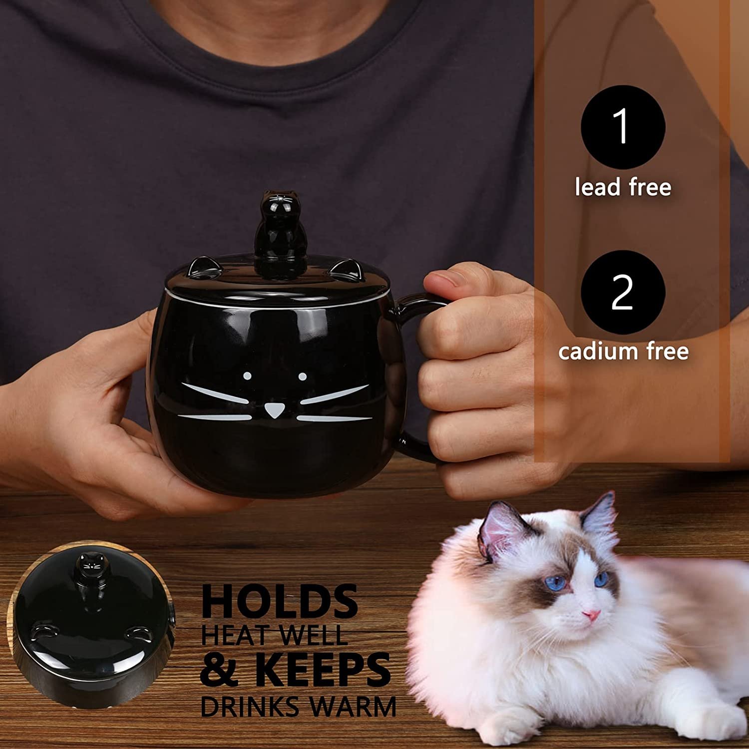amazon hot selling 2023 Cute Cat Coffee Mug Cat Lover Ceramic Black cups with Holder Lid for Women