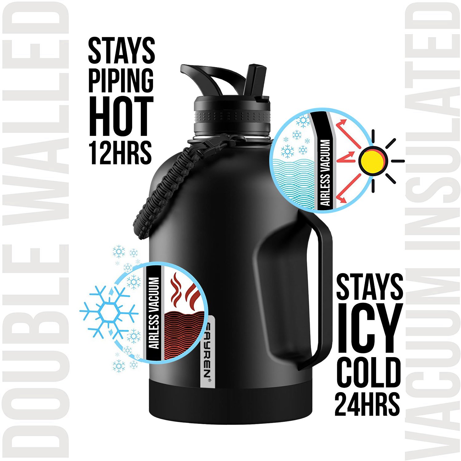 1.8 L 2 in 1 Lid Double Walled Stainless Steel Sports Water Bottle Large Insulated Flask Jug Vacuum Flask with Paracord Handle