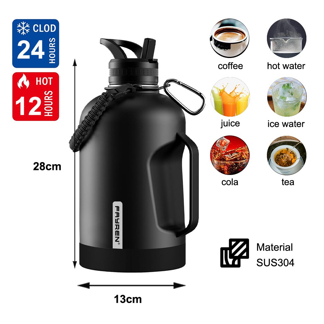 1.8 L 2 in 1 Lid Double Walled Stainless Steel Sports Water Bottle Large Insulated Flask Jug Vacuum Flask with Paracord Handle