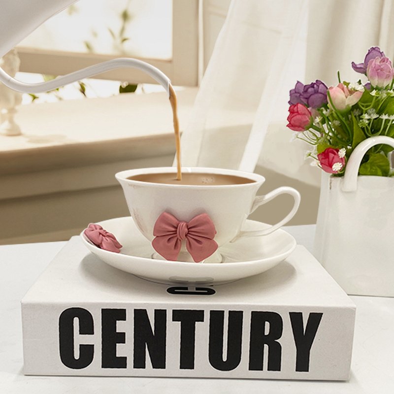 SYL Creative ceramic mug cartoon cute 3D relief bowknot ceramic cup sacuer set breakfast office coffee water cup