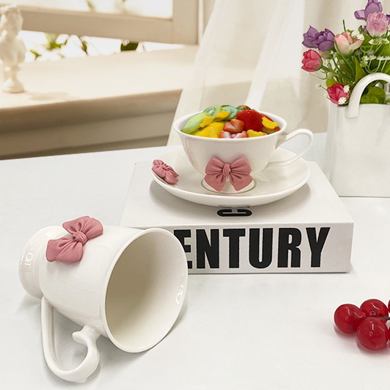 SYL Creative ceramic mug cartoon cute 3D relief bowknot ceramic cup sacuer set breakfast office coffee water cup