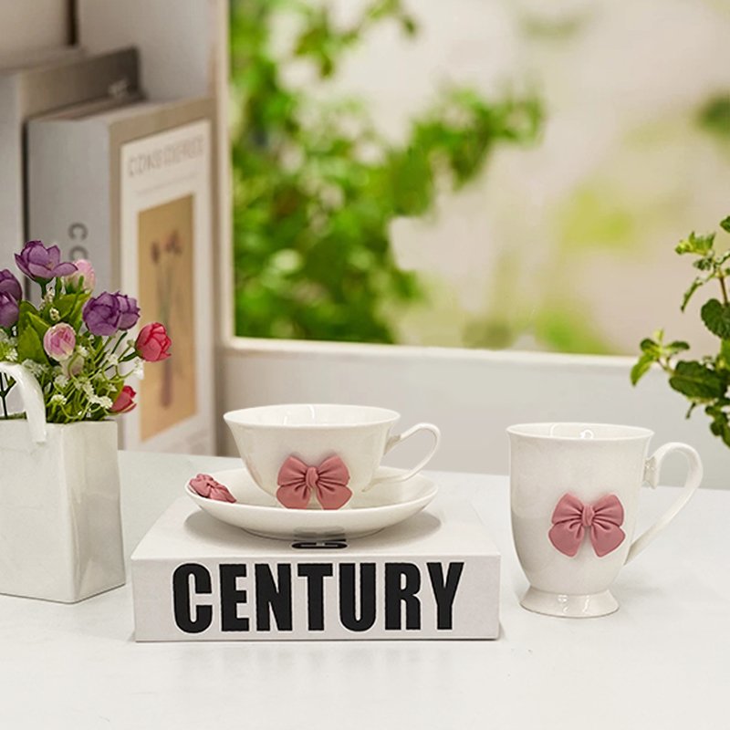SYL Creative ceramic mug cartoon cute 3D relief bowknot ceramic cup sacuer set breakfast office coffee water cup