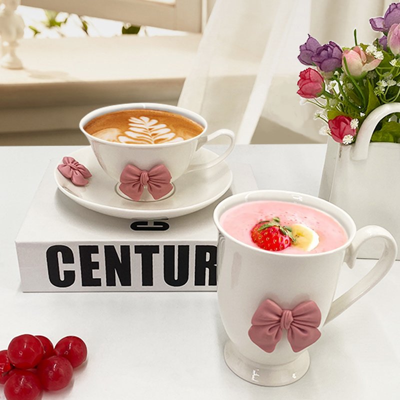 SYL Creative ceramic mug cartoon cute 3D relief bowknot ceramic cup sacuer set breakfast office coffee water cup