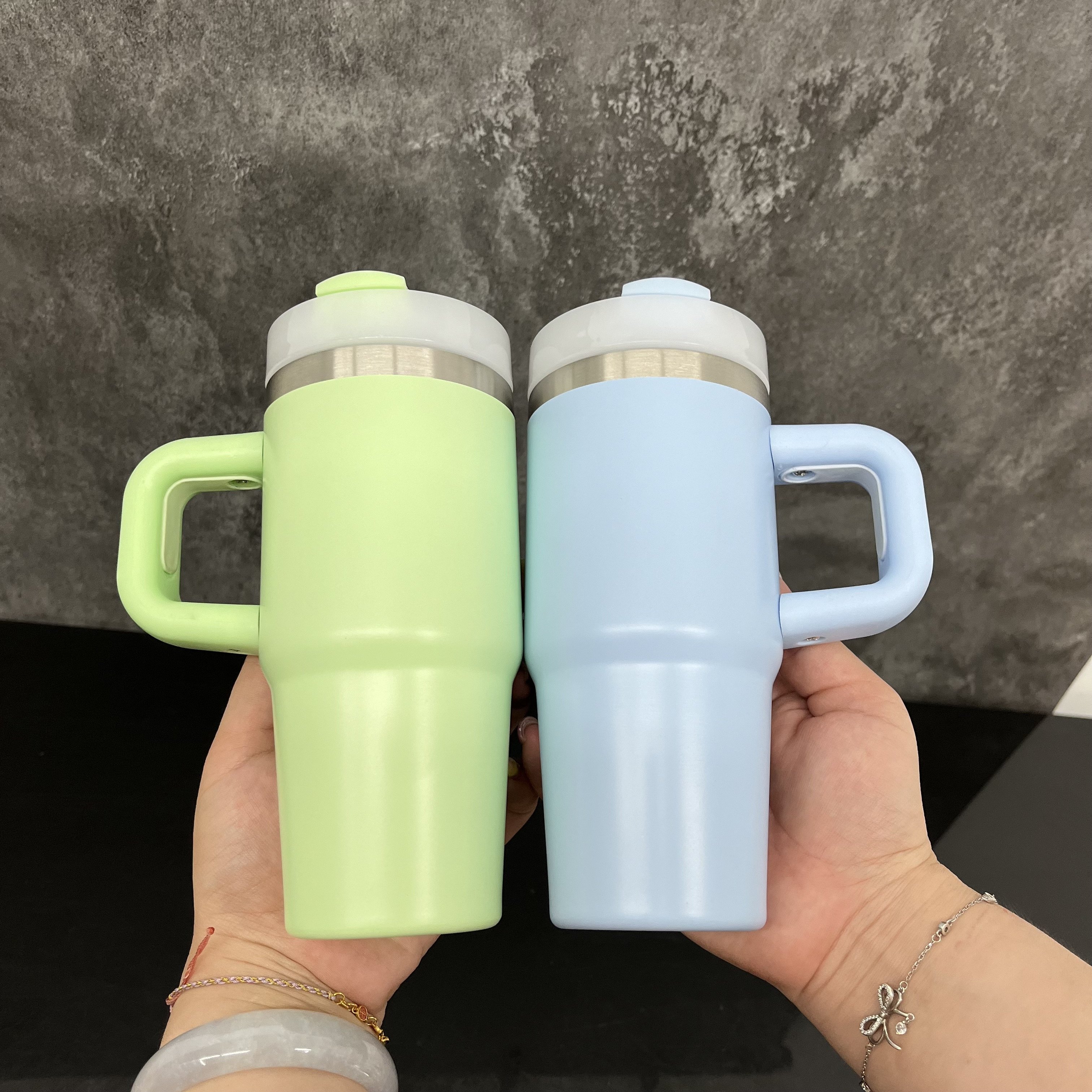 USA warehouse 14oz stainless steel vacuum water bottle mug with handle 14 oz gold plated macaron tumbler cup for laser engrave