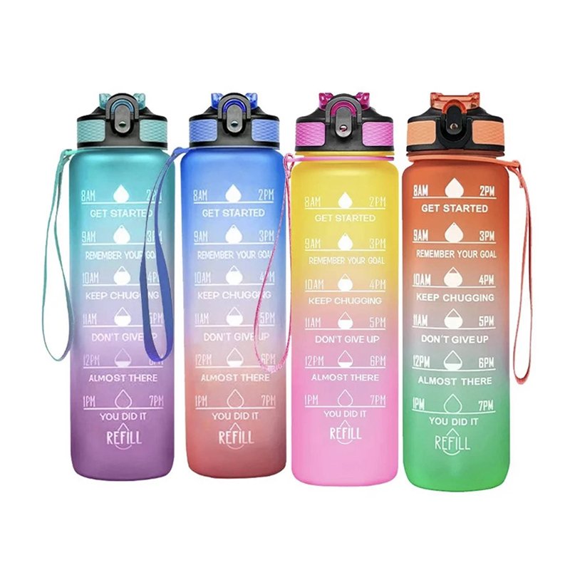 Plastic 32oz Tritan Sport Gym Motivational Bpa Free Drink Water Bottle With Time Marker Straw Strainer Flip Top Cover
