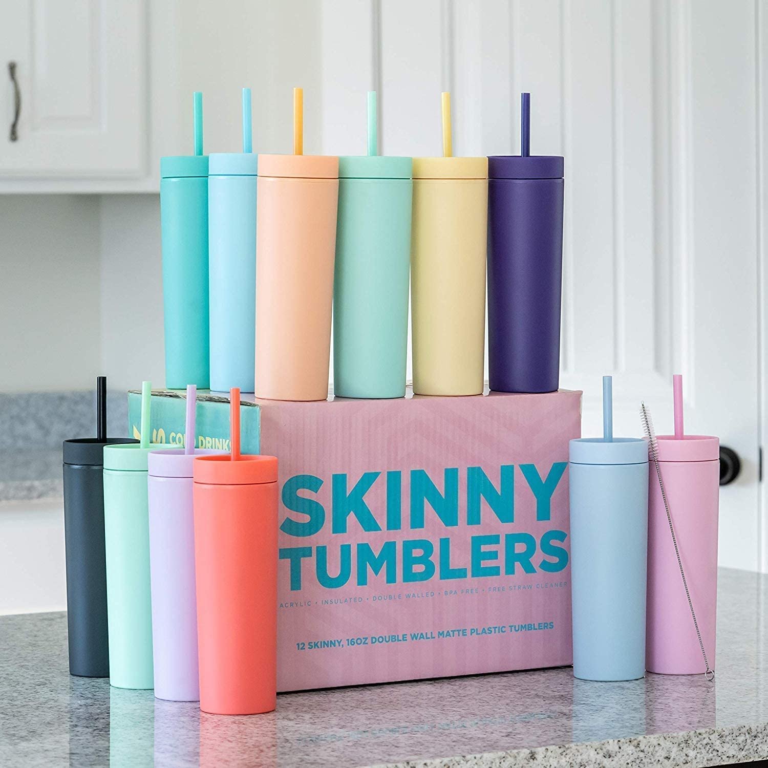 16oz Double Wall SKINNY TUMBLERS Acrylic Tumblers with Lids and Straws Skinny plastic water bottles
