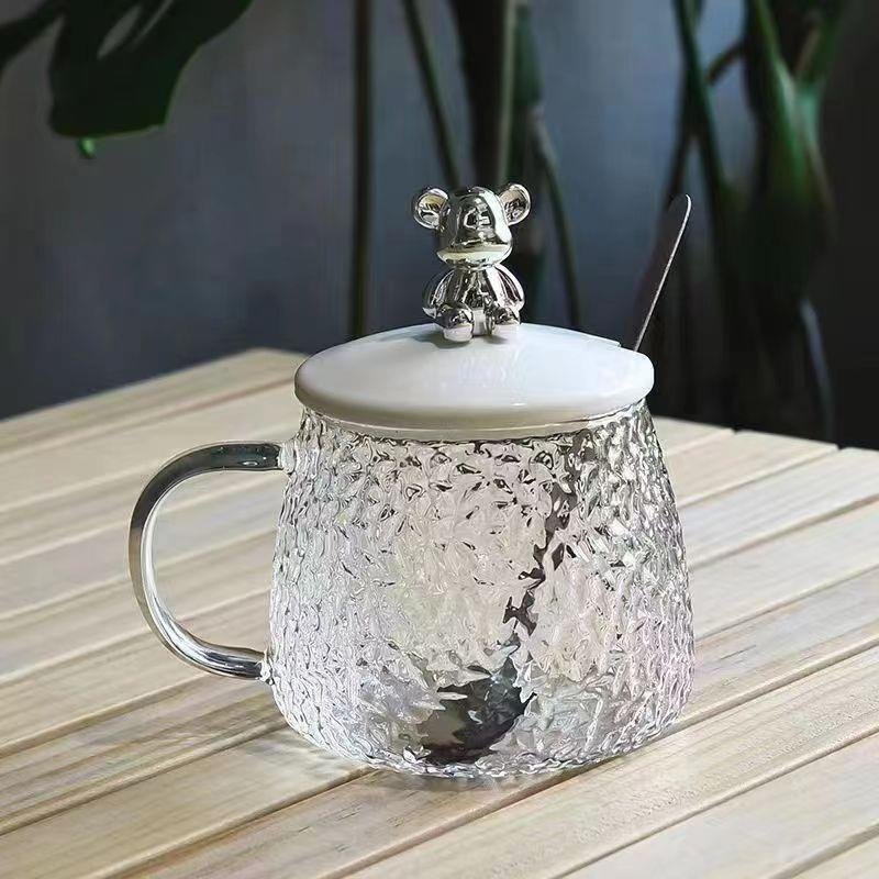 Wholesale 400ml Ins style high beauty mug with lid and spoon glass cup home office coffee cup