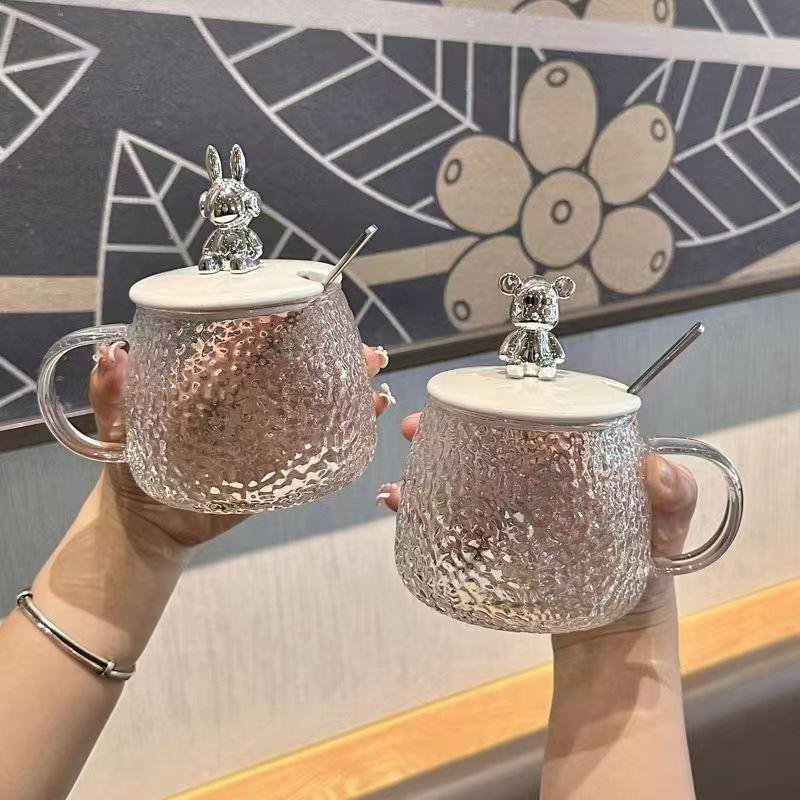 Wholesale 400ml Ins style high beauty mug with lid and spoon glass cup home office coffee cup
